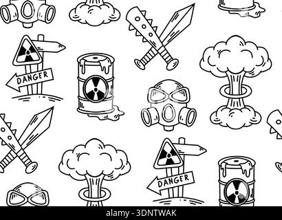Struttura vettoriale senza cuciture con mascherina protettiva sagomata, cartello, città, serbatoio chimico, esplosione nucleare, zaino. Struttura post-apocalittica e di guerra nucleare Illustrazione Vettoriale
