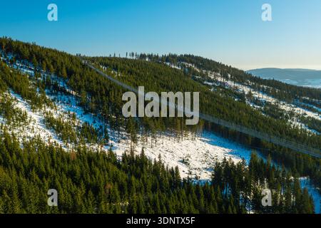 Sky Bridge 721, il ponte pedonale sospeso più lungo tra due colline, che si estende su un paesaggio forestale in inverno a Dolni Morava, Repubblica Ceca. Foto Stock