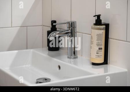Dettaglio di un lavandino bianco pulito del bagno con un'elegante rubinetto cromato e due dispenser minimalisti per l'igiene, che mettono in risalto il design moderno e l'auto personale Foto Stock