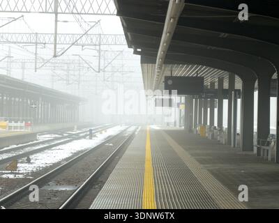 Moderna piattaforma vuota della stazione ferroviaria con riparo e panchine coperte, piste innevate che si riversano nella fitta nebbia invernale, mostrando infrastrutture al freddo Foto Stock