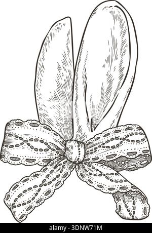 Illustrazione vettoriale delle orecchie del coniglietto di Pasqua con fiocco in pizzo vintage disegnato a mano. Grafica festiva in bianco e nero. Ideale per il modello per poster a molla. Perfetto per il design di biglietti d'auguri grafici. Illustrazione Vettoriale