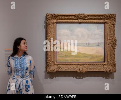 Courtauld Gallery, Londra, Regno Unito. 12 febbraio 2026. Seurat and the Sea (13 febbraio-17 maggio) è la prima mostra dedicata ai paesaggi marini dell'artista puntillista Georges Seurat. Attraverso il motivo ricorrente del mare, riunendo per la prima volta un importante gruppo di 26 dipinti, schizzi ad olio e disegni creati in cinque viaggi estivi sulla costa settentrionale della Francia tra il 1885 e il 1890. Le attrazioni principali includono: Le Crotoy, Downstream, 1889. Collezione privata. Crediti: Malcolm Park/Alamy Live News Foto Stock