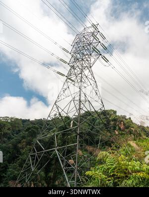Un'alta torre di trasmissione in acciaio sorge sopra la fitta vegetazione della giungla nelle Cameron Highlands, Malesia. Foto Stock