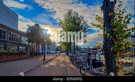 Strada del canale di Amsterdam con biciclette all'alba. Alba di prima mattina lungo un canale di Amsterdam con biciclette parcheggiate, alberi frondosi, barche ormeggiate, e. Foto Stock