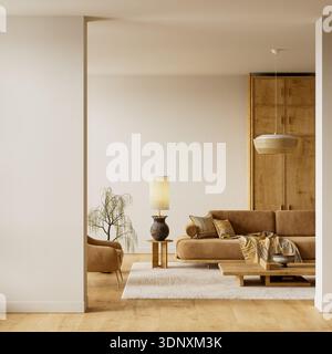 Soggiorno minimale di ispirazione scandinava con texture in legno, composizione ariosa e generosa zona spazio negativa creata per un ambiente elegante e discreto Foto Stock
