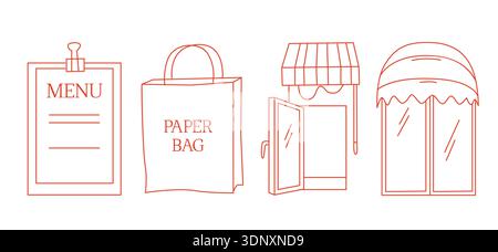 Set di illustrazioni disegnate a mano con il marchio di un caffè o caffetteria composto da un tabellone da menu, una borsa da asporto in carta e un punto vendita, icone della line art Illustrazione Vettoriale