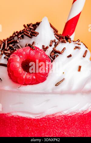 Primo piano di un vivace frullato di lamponi con panna montata, un lampone fresco e spruzzi di cioccolato. La paglia a righe rosse aggiunge un tocco divertente Foto Stock