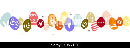 Confine di Pasqua con graziose icone di uovo di Pasqua disegnate a mano su sfondo trasparente. Striscione orizzontale di Pasqua con simboli a forma di doodle Illustrazione Vettoriale