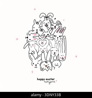 Modello di cartolina pasquale con teste carine di coniglio pasquale e pulcino a forma di uovo pasquale. Poster di Pasqua con divertimento coniglietto pasquale disegnato a mano in stile cartoni animati Illustrazione Vettoriale