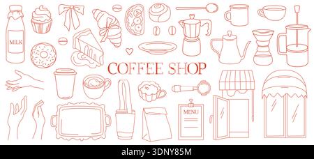 Icone dei kit per il marchio aziendale del bar per imballaggi, menu e merci, attrezzature da caffè, dessert, caffè da asporto, tazze Illustrazione Vettoriale