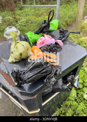 WIRRAL, MERSEYSIDE, INGHILTERRA - 30 DICEMBRE 2025: Cestino pieno di sacchetti di plastica per cani e rifiuti. Foto Stock