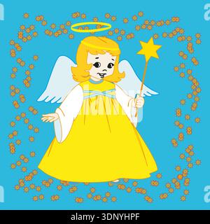 Alone stellare dell'angelo. Vestito giallo dorato. Icona dell'angelo di Natale. Grafica vettoriale. EPS 10. Illustrazione Vettoriale