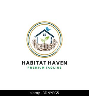 marchio di case ecocompatibili che combina natura, comfort e vita familiare sostenibile. Illustrazione Vettoriale