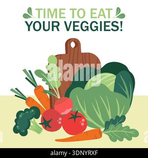 Semplice poster di verdure biologiche per un mercato agricolo. Set di insalate con piatti minimalisti fatti a mano. Mangiare sano e verdure fresche. Illustrazione Vettoriale