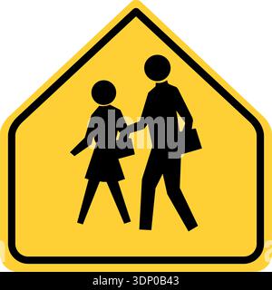 Immagine vettoriale di una vecchia scuola degli Stati Uniti d'America, davanti al cartello autostradale. È composto da un bambino e un adulto che attraversano la strada con una freccia gialla Illustrazione Vettoriale
