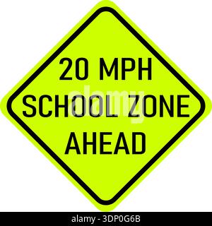 Immagine vettoriale di una zona di velocità scolastica degli Stati Uniti davanti al cartello autostradale. È costituito dalla dicitura 20 mph zona scuola davanti a una forma di diamante verde Illustrazione Vettoriale
