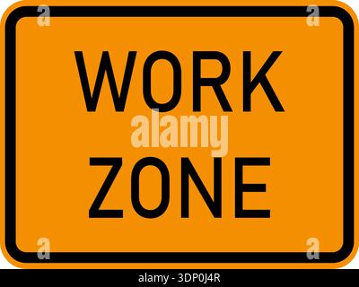 Immagine vettoriale di un cartello autostradale usa Work zone. È costituito dalla dicitura Work zone (zona di lavoro) all'interno di un rettangolo nero e arancione Illustrazione Vettoriale