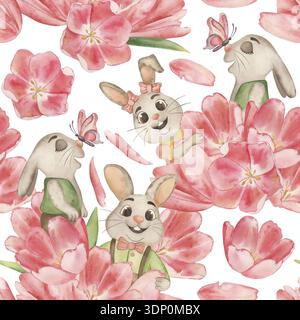 Motivo acquerello senza cuciture con simpatici conigli dipinti a mano e fiori primaverili rosa in stile botanico. Adorabili coniglietti pasquali, farfalle e fiori Foto Stock