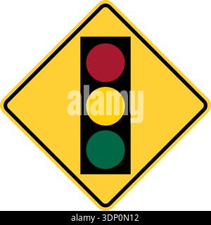 Immagine vettoriale di un semaforo degli stati uniti davanti al cartello autostradale. Consiste di un semaforo rosso, giallo e verde all'interno di un quadrato nero e giallo inclinato Illustrazione Vettoriale
