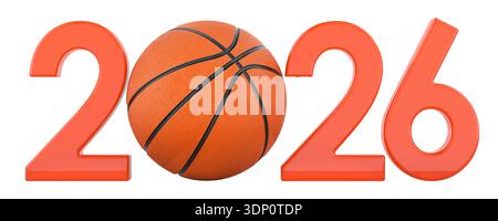 Campionato e stagione sportiva di basket 2026, rendering 3D isolato su sfondo bianco Foto Stock