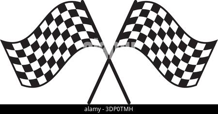 Set di due bandiere da corsa incrociate con stampa a scacchi in bianco e nero. Segnale di inizio o di fine nelle competizioni di auto sportive. Rally, karting o. Illustrazione Vettoriale