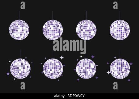 Set di discoball viola con scintillanti isolati su sfondo nero. Sfere scintillanti per feste musicali. Forme glitterball. Palle a specchio per nightclub retrò Illustrazione Vettoriale