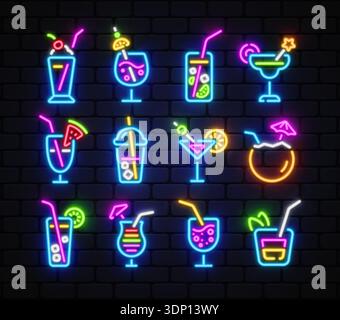 Set vettoriale al neon di icone cocktail su sfondo di mattoni scuri, con bevande colorate, bicchieri, cannucce e dettagli di frutta. Perfetto per i menu del bar Illustrazione Vettoriale