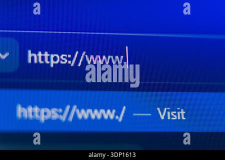 Primo piano di una barra di ricerca del browser Web su una schermata blu pixellata che mostra un prefisso https protetto con un cursore lampeggiante, che rappresenta la navigazione Web, int Foto Stock