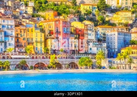 Mentone Francia Case colorate Waterfront Bay città costiera mediterranea Riviera Panorama! Questa fotografia incredibilmente vivace cattura lo spettacolare Foto Stock