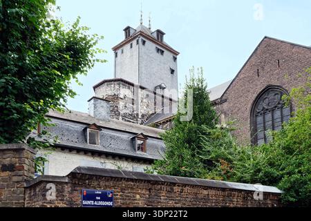 Vista esterna della storica Collegiata di San Bartolomeo a Liegi, Belgio, vista da Rue Sainte-Aldegonde con vecchie mura in mattoni e alberi. Foto Stock