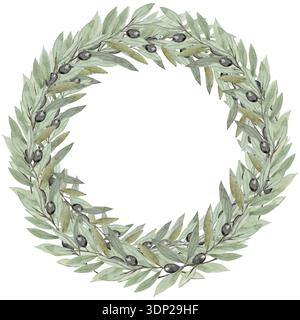 Corona d'oliva con foglie verdi, olive nere, cornice rotonda botanica ad acquerello dipinta a mano isolata sul bianco, perfetta per inviti di nozze Foto Stock