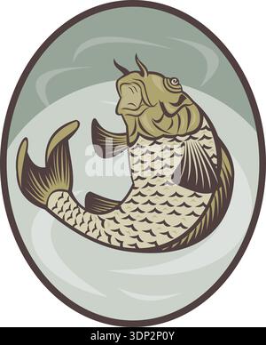 Illustrazione di un pesce carpa Koi che salta all'interno di un'ellisse realizzata in stile retrò Foto Stock