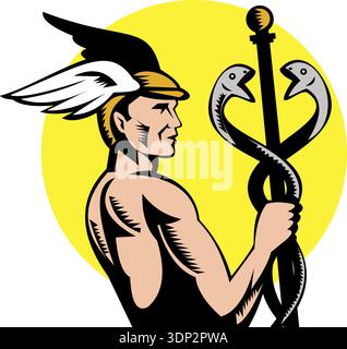 Illustrazione del Dio greco romano Ermes o mercurio che tiene un caduceo Foto Stock