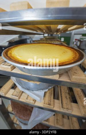 Cheesecake appena sfornata in un vassoio su un ripiano di legno in una panetteria Foto Stock