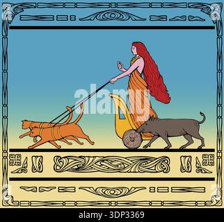 Illustrazione in stile art deco di una dea norrena dell'amore e della bellezza che cavalca un carro trainato dai suoi due gatti e cinghiali Foto Stock