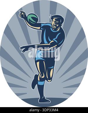 Immagine di un giocatore di rugby che corre con la palla e passa Foto Stock