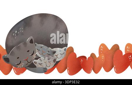 Motivo senza cuciture con gatti addormentati rannicchiati insieme cerchio accogliente, bordo di cuori rossi testurizzati. Perfetto per biancheria da letto per bambini e per la doccia Foto Stock