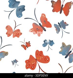 Motivo senza cuciture con farfalle in tenui colori pastello e calde sfumature di terracotta. Con forme giocose, ali tratteggiate e delicate antenne. Ideale per Foto Stock