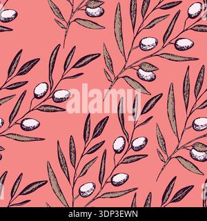 Motivo senza cuciture con ramoscello di oliva. Inchiostro sfondo di olive disegnate a mano. Illustrazione vettoriale di piante botaniche per stampa, tessuto, tessuto. Un rametto di un Illustrazione Vettoriale