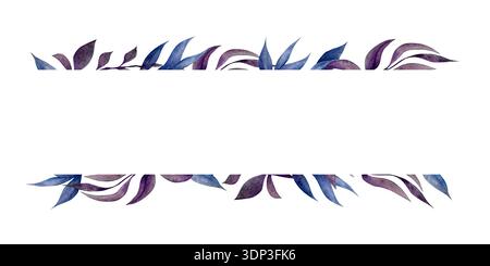 Bordo botanico decorativo con foglie di acquerello in sfumature di viola e blu che creano una cornice naturale su sfondo bianco Foto Stock