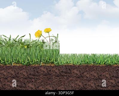 Falciare un prato come un insalubre prato ricoperto di erbacce come un bordo d'erba con il dente di leone trifoglio granchio e piantagione di latifoglie sul tappeto erboso come un h Foto Stock