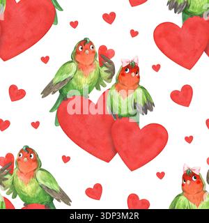 Un motivo senza cuciture con due pappagalli e cuori Foto Stock