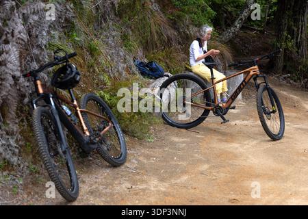 Donna in mountain bike su un sentiero nella foresta di Whakarewarewa Forest Park, Rotorua, nuova Zelanda. Foto Stock