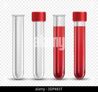 Provetta per analisi realistica in vetro con mockup 3d per sangue. Contenitore da laboratorio vuoto trasparente con coperchio rosso, apparecchiatura di controllo per laboratori medici. Modello isolato dal vettore del flaconcino per diagnostica clinica ed ematologia. Illustrazione Vettoriale