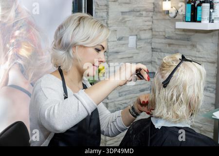 Una bella parrucchiera seduto e tagliava i capelli di una donna bionda. Foto Stock