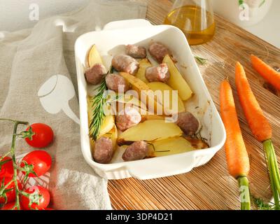 Fette di patate al forno e salsicce fatte in casa a base di carne di allevamento. Cibo e salute. Spezie e prodotti naturali. Foto Stock