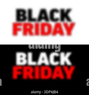 Un elegante banner Black Friday con un design a mezzitoni con testo rosso e nero in grassetto. Questo grafico Black Friday utilizza un motivo a mezzitoni per creare un Illustrazione Vettoriale