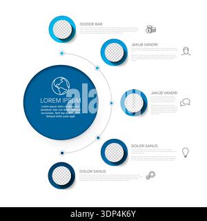 Questo modello infografico professionale presenta elementi segnaposto per foto circolari blu per la visualizzazione dei dati. Utilizzate questa versatile interfaccia infografica Illustrazione Vettoriale