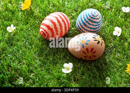 Tre uova di Pasqua dipinte su Green Grass Foto Stock