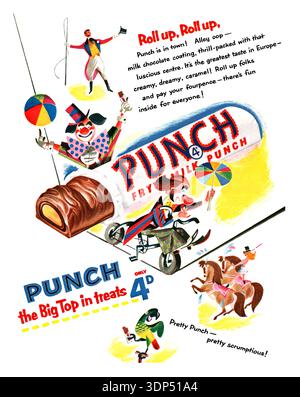 1955 pubblicità di pasticceria britannica per il cioccolato al latte Fry's Punch e la barretta di caramello. Foto Stock